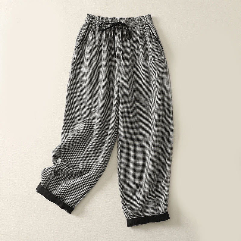 Pantaloni harem da donna in cotone e lino con coulisse, motivo a quadri Buddha Stones e tasche - Nero - US8-10, UK/AU12-14, EU40-42 (2XL) - image 1