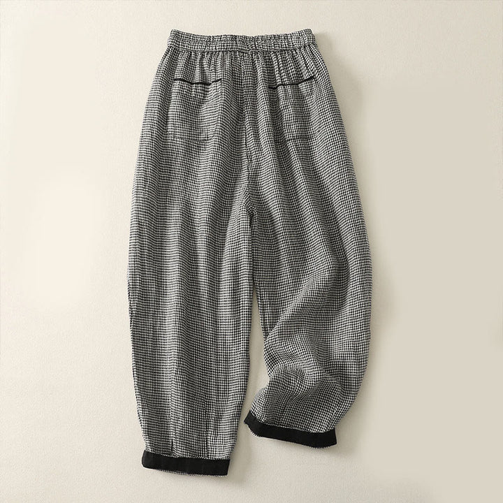 Pantaloni harem da donna in cotone e lino con coulisse e tasche, con motivo a Buddha Stones. - image 1