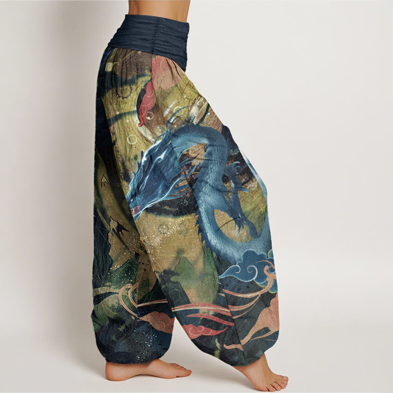 Pantaloni harem da donna con elastico in vita, in puro cotone, con motivo a nuvole di buon auspicio e drago, motivo Buddha Stones
