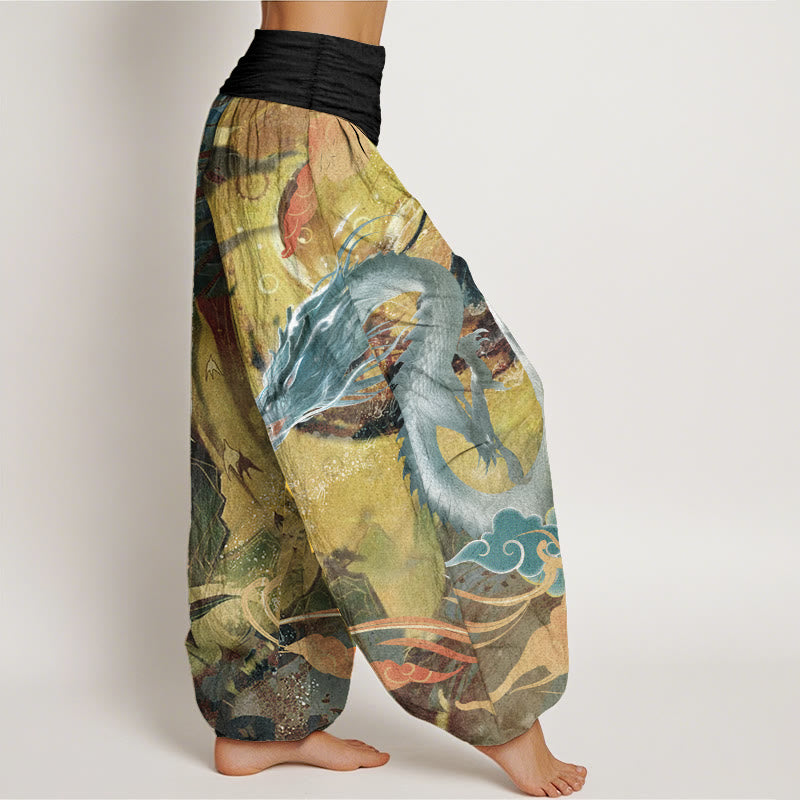 Pantaloni harem da donna con elastico in vita, in puro cotone, con motivo a nuvole di buon auspicio e drago, motivo Buddha Stones