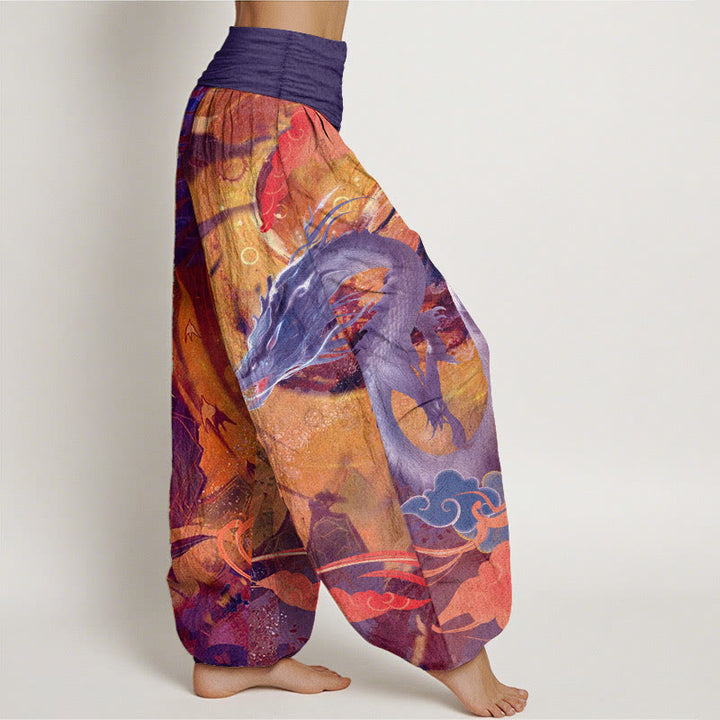 Pantaloni harem da donna con elastico in vita, in puro cotone, con motivo a nuvole di buon auspicio e drago, motivo Buddha Stones