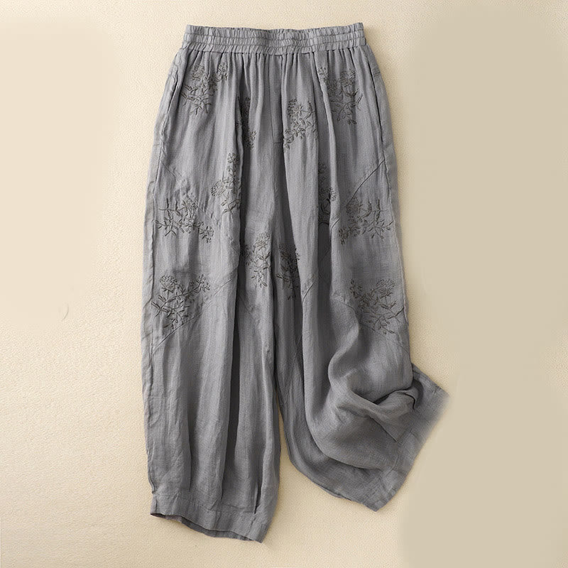 Pantaloni harem da donna in cotone e lino con tasche e motivo ricamato con Buddha Stones - Grigio - US12, UK/AU16, EU44 (3XL) - image 0