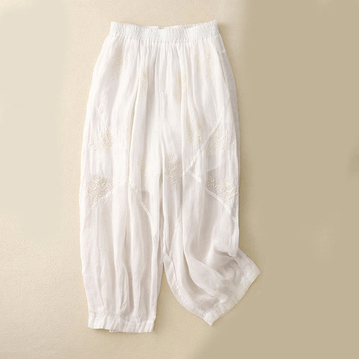 Pantaloni harem da donna in cotone e lino con tasche e motivo ricamato con Buddha Stones - Bianco - US12, UK/AU16, EU44 (3XL) - image 6