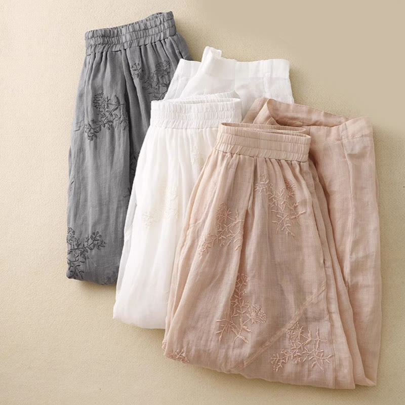 Pantaloni harem da donna in cotone e lino con tasche e motivo ricamato con Buddha Stones - image 21