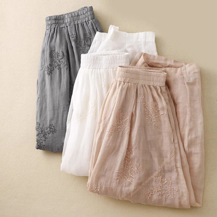 Pantaloni harem da donna in cotone e lino con tasche e motivo ricamato con Buddha Stones - image 21