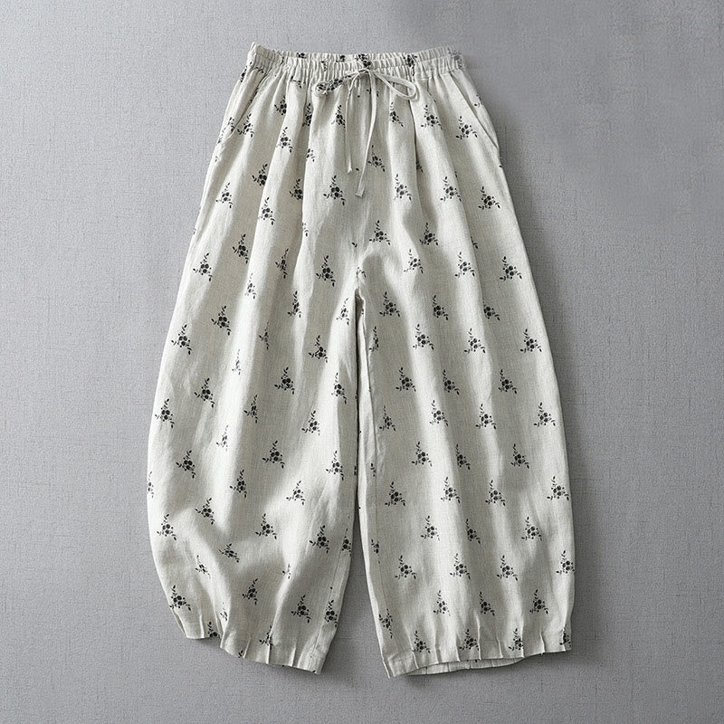 Pantaloni harem da donna in cotone e lino con tasche e motivo floreale a pois con Buddha Stones - Motivo floreale - US12, UK/AU16, EU44 (2XL) - image 0