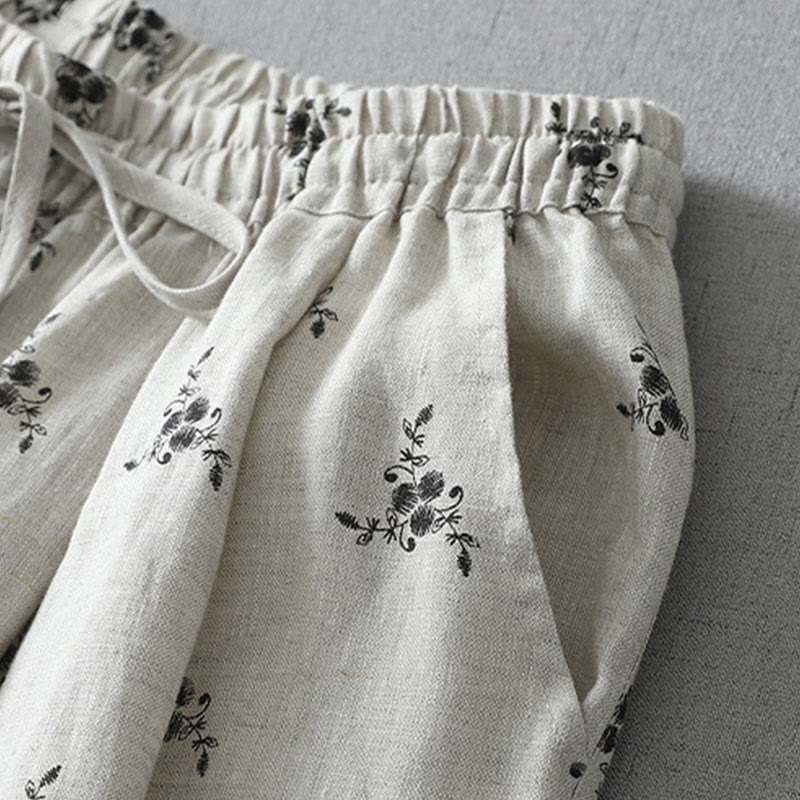 Pantaloni harem da donna in cotone e lino con tasche e motivo floreale a pois con Buddha Stones - image 2