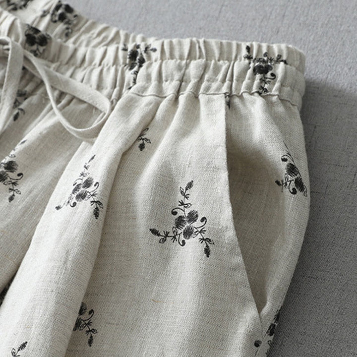 Pantaloni harem da donna in cotone e lino con tasche e motivo floreale a pois con Buddha Stones - image 2