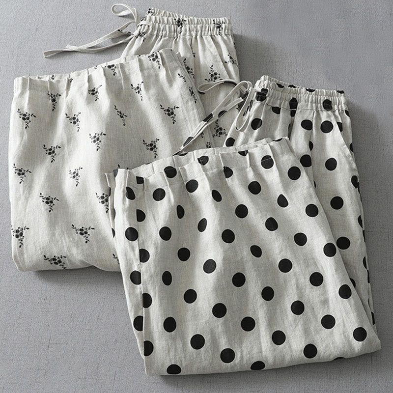 Pantaloni harem da donna in cotone e lino con tasche e motivo floreale a pois con Buddha Stones - image 16