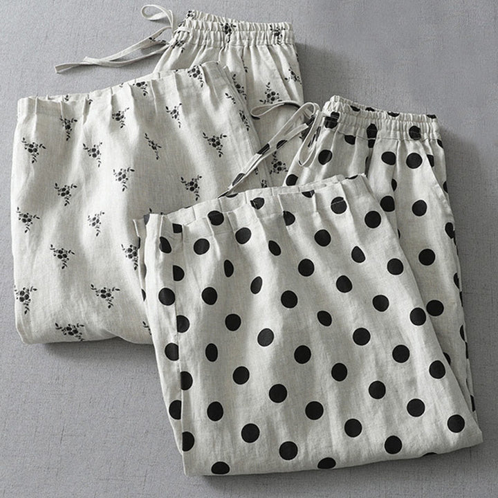 Pantaloni harem da donna in cotone e lino con tasche e motivo floreale a pois con Buddha Stones - image 16