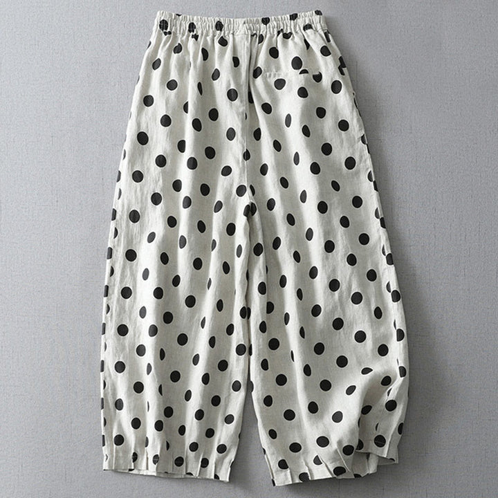 Pantaloni harem da donna in cotone e lino con tasche e motivo floreale a pois con Buddha Stones - image 6