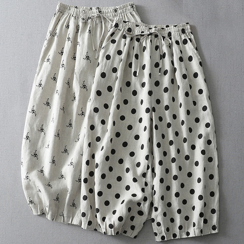 Pantaloni harem da donna in cotone e lino con tasche e motivo floreale a pois con Buddha Stones - image 15
