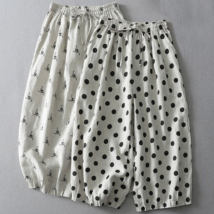 Pantaloni harem da donna in cotone e lino con tasche e motivo floreale a pois con Buddha Stones - image 15