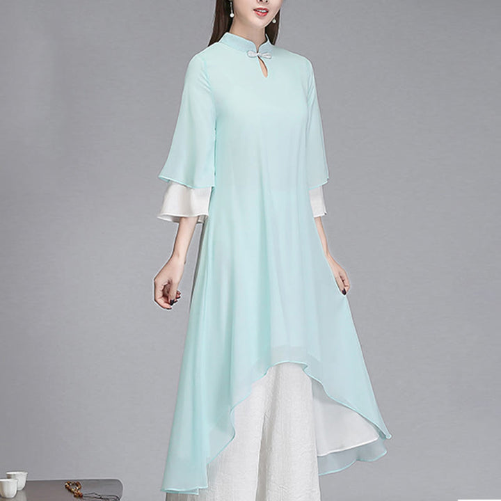 Buddha Stones Solido Donna Tre Quarti Manica Chiffon Irregolare Camicia Vestito Pantaloni Gamba Larga Meditazione Abbigliamento