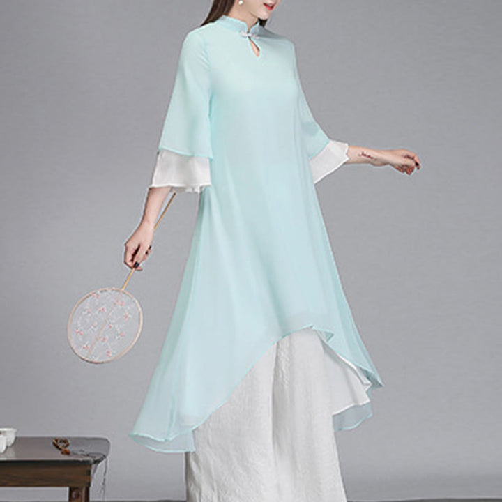 Buddha Stones Solido Donna Tre Quarti Manica Chiffon Irregolare Camicia Vestito Pantaloni Gamba Larga Meditazione Abbigliamento