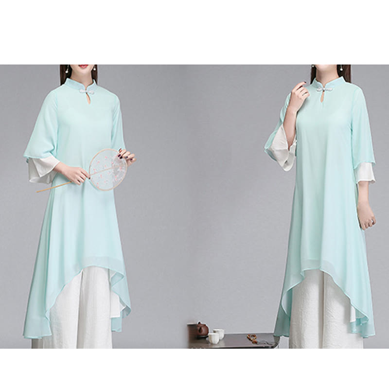 Buddha Stones Solido Donna Tre Quarti Manica Chiffon Irregolare Camicia Vestito Pantaloni Gamba Larga Meditazione Abbigliamento