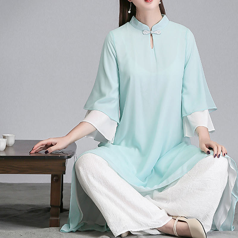 Buddha Stones Solido Donna Tre Quarti Manica Chiffon Irregolare Camicia Vestito Pantaloni Gamba Larga Meditazione Abbigliamento