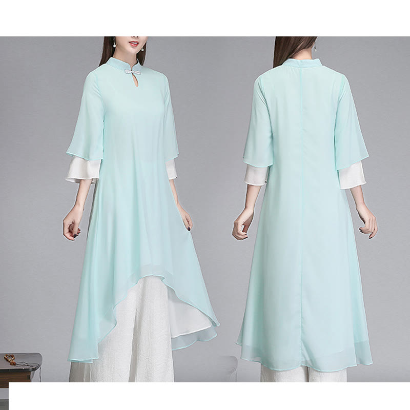 Buddha Stones Solido Donna Tre Quarti Manica Chiffon Irregolare Camicia Vestito Pantaloni Gamba Larga Meditazione Abbigliamento
