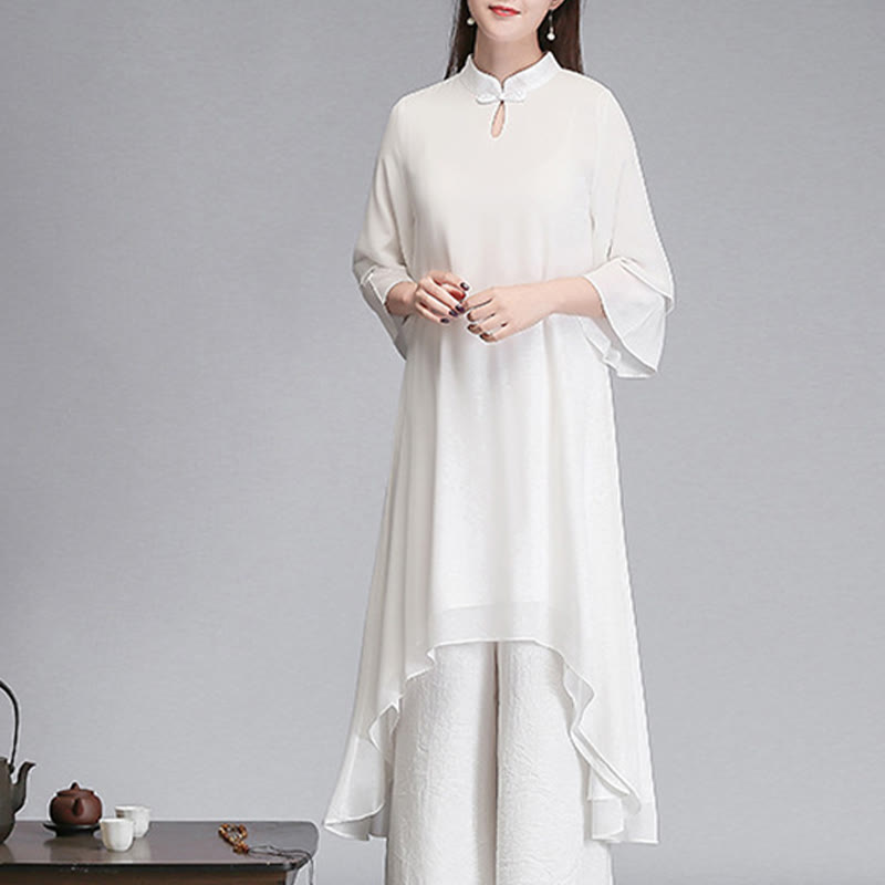 Buddha Stones Solido Donna Tre Quarti Manica Chiffon Irregolare Camicia Vestito Pantaloni Gamba Larga Meditazione Abbigliamento