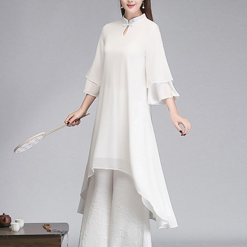 Buddha Stones Solido Donna Tre Quarti Manica Chiffon Irregolare Camicia Vestito Pantaloni Gamba Larga Meditazione Abbigliamento
