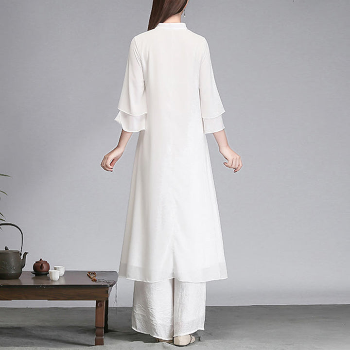 Buddha Stones Solido Donna Tre Quarti Manica Chiffon Irregolare Camicia Vestito Pantaloni Gamba Larga Meditazione Abbigliamento