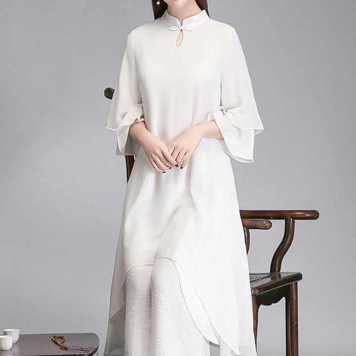 Buddha Stones Solido Donna Tre Quarti Manica Chiffon Irregolare Camicia Vestito Pantaloni Gamba Larga Meditazione Abbigliamento