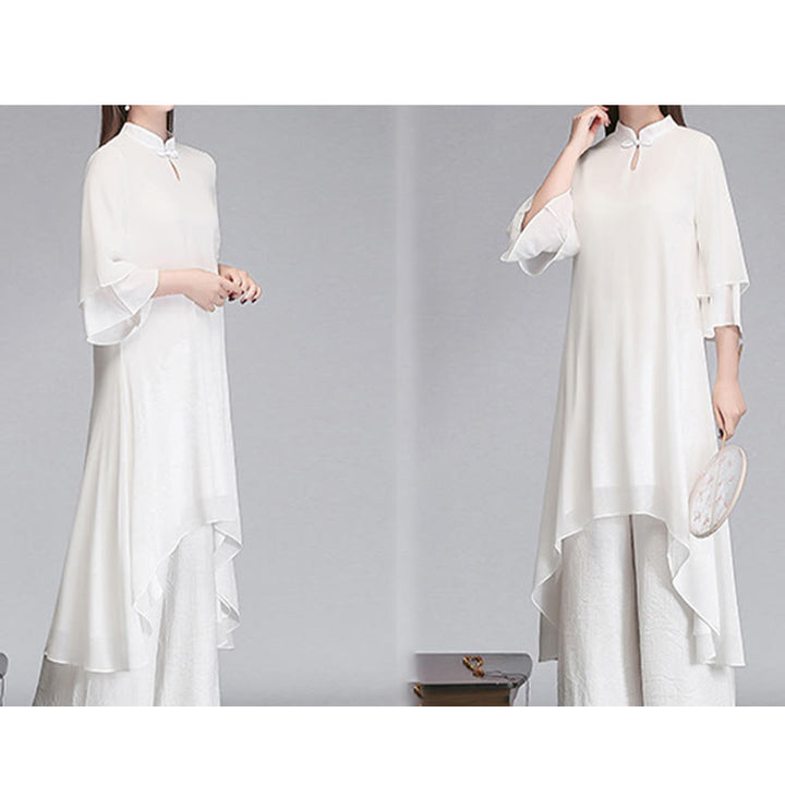 Buddha Stones Solido Donna Tre Quarti Manica Chiffon Irregolare Camicia Vestito Pantaloni Gamba Larga Meditazione Abbigliamento