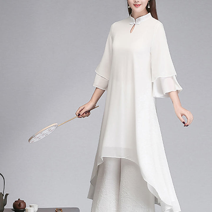 Buddha Stones Solido Donna Tre Quarti Manica Chiffon Irregolare Camicia Vestito Pantaloni Gamba Larga Meditazione Abbigliamento