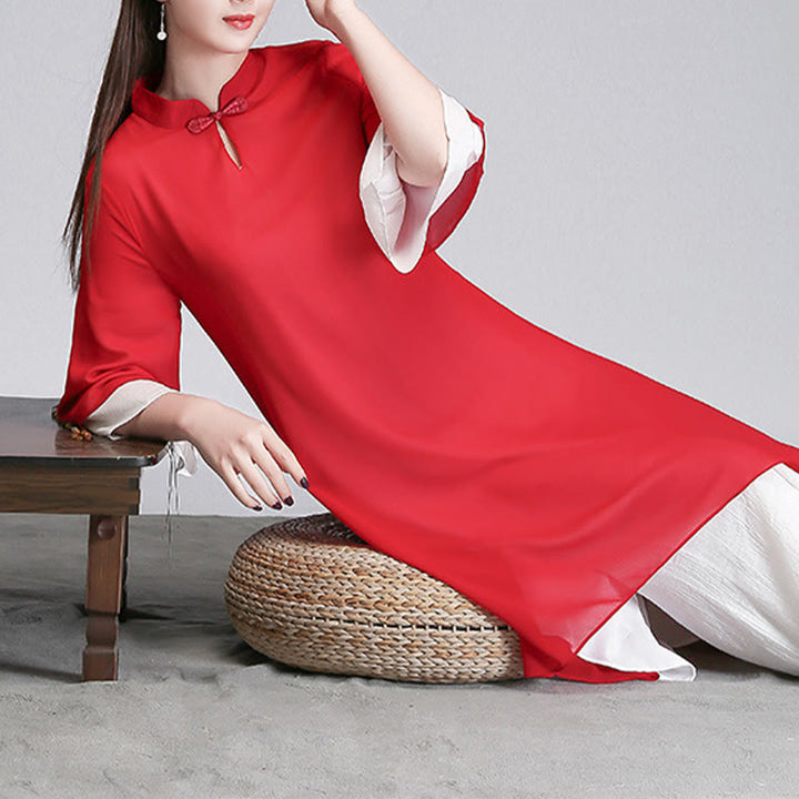 Buddha Stones Solido Donna Tre Quarti Manica Chiffon Irregolare Camicia Vestito Pantaloni Gamba Larga Meditazione Abbigliamento