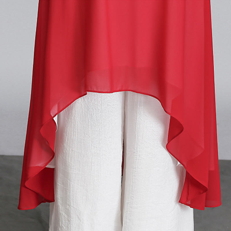 Buddha Stones Solido Donna Tre Quarti Manica Chiffon Irregolare Camicia Vestito Pantaloni Gamba Larga Meditazione Abbigliamento