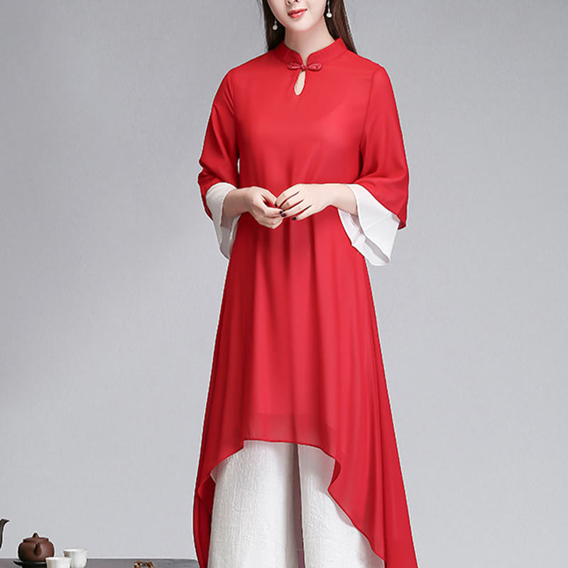 Buddha Stones Solido Donna Tre Quarti Manica Chiffon Irregolare Camicia Vestito Pantaloni Gamba Larga Meditazione Abbigliamento