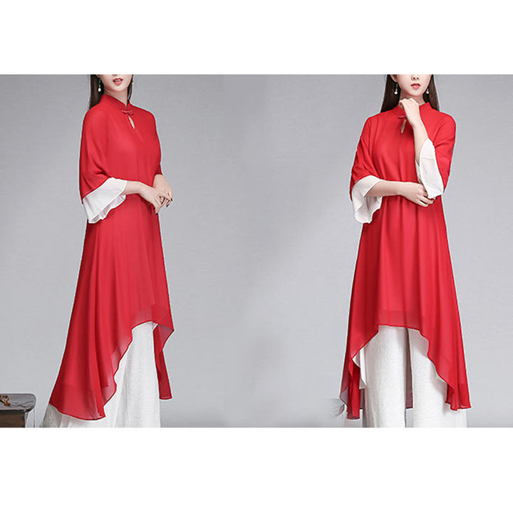 Buddha Stones Solido Donna Tre Quarti Manica Chiffon Irregolare Camicia Vestito Pantaloni Gamba Larga Meditazione Abbigliamento