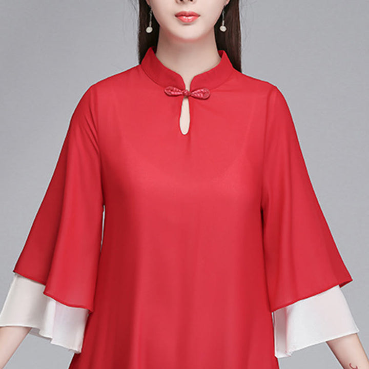 Buddha Stones Solido Donna Tre Quarti Manica Chiffon Irregolare Camicia Vestito Pantaloni Gamba Larga Meditazione Abbigliamento