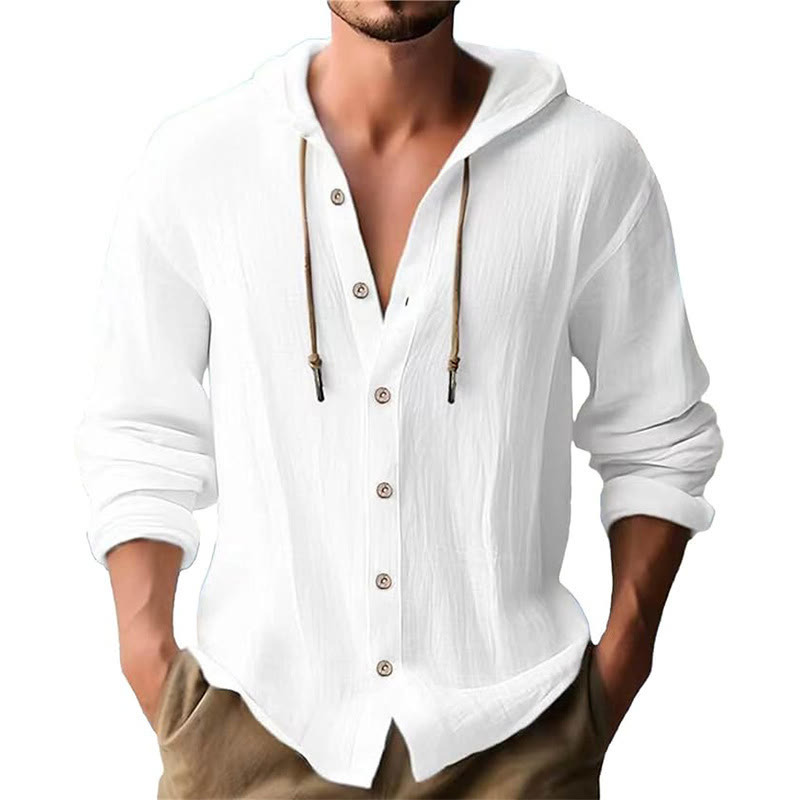 Camicia da uomo in lino con cappuccio, coulisse, bottoni, manica lunga, tinta unita, motivo Buddha Stones - Bianco - US/UK/AU44, EU54 (3XL) - image 4