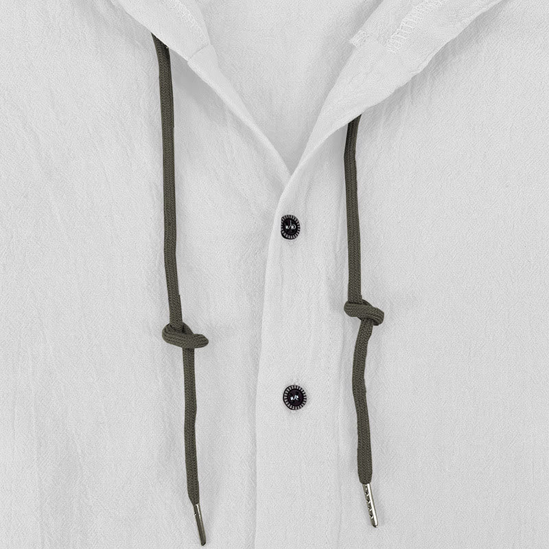 Camicia da uomo in lino con cappuccio, coulisse, bottoni, manica lunga, tinta unita, motivo Buddha Stones - image 8