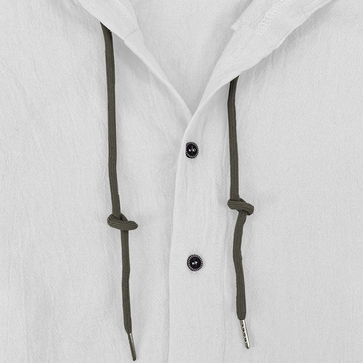 Camicia da uomo in lino con cappuccio, coulisse, bottoni, manica lunga, tinta unita, motivo Buddha Stones - image 8