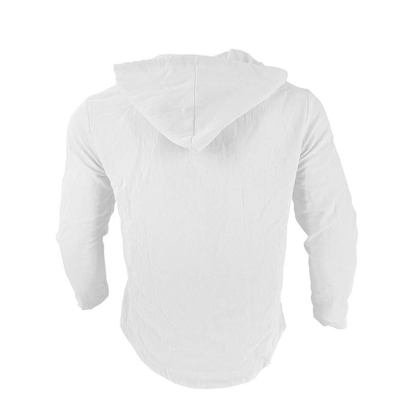 Camicia da uomo in lino con cappuccio, coulisse, bottoni, manica lunga, tinta unita, motivo Buddha Stones - image 6