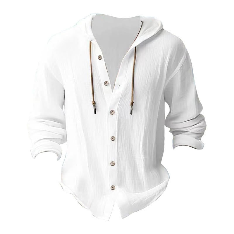 Camicia da uomo in lino con cappuccio, coulisse, bottoni, manica lunga, tinta unita, motivo Buddha Stones - image 5