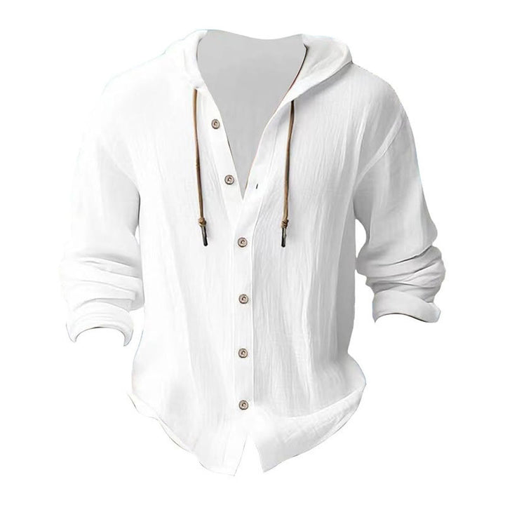 Camicia da uomo in lino con cappuccio, coulisse, bottoni, manica lunga, tinta unita, motivo Buddha Stones - image 5