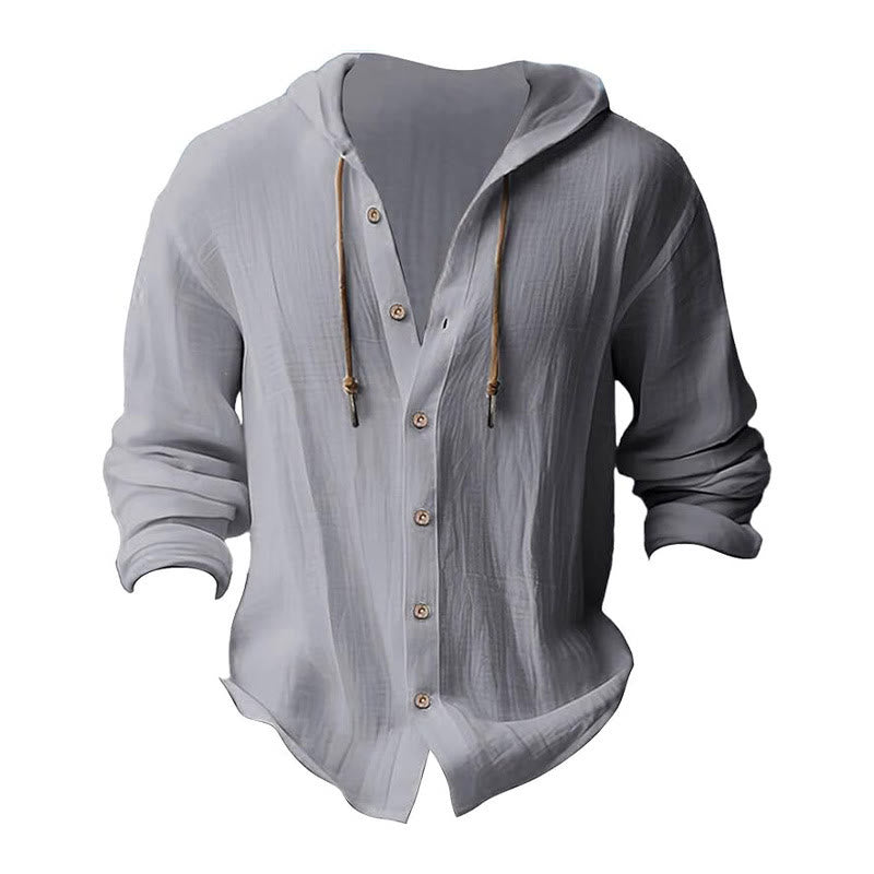 Camicia da uomo in lino con cappuccio, coulisse, bottoni, manica lunga, tinta unita, motivo Buddha Stones - image 13