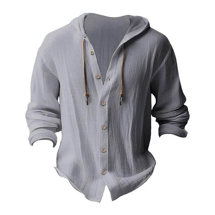 Camicia da uomo in lino con cappuccio, coulisse, bottoni, manica lunga, tinta unita, motivo Buddha Stones - image 13