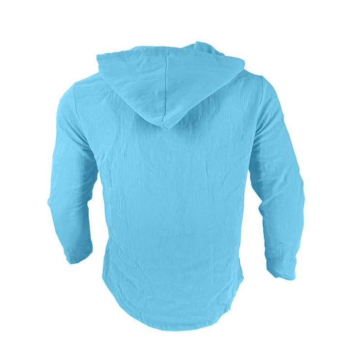 Camicia da uomo in lino con cappuccio, coulisse, bottoni, manica lunga, tinta unita, motivo Buddha Stones - image 19