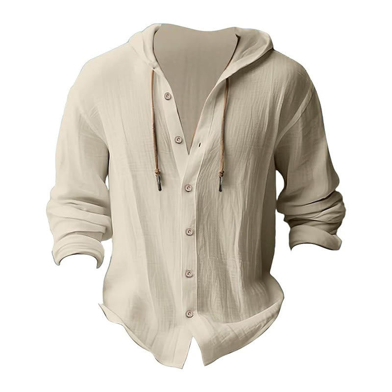 Camicia da uomo in lino con cappuccio, coulisse, bottoni, manica lunga, tinta unita, motivo Buddha Stones - image 26