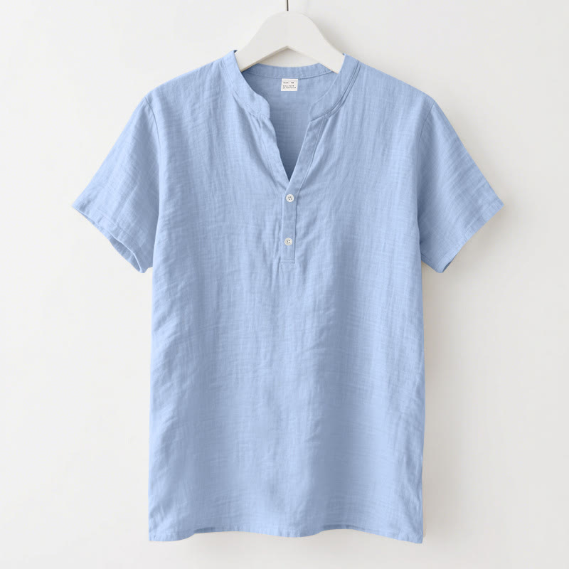 Camicia da uomo in lino con maniche corte e bottoni a metà lunghezza, tinta unita, motivo Buddha Stones - AzzurroCielo Chiaro - US/UK/AU46, EU56 (3XL) - image 18