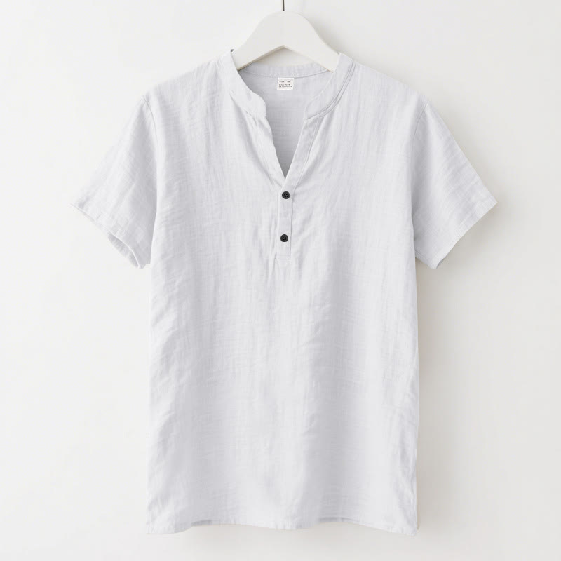 Camicia da uomo in lino con maniche corte e bottoni a metà lunghezza, tinta unita, motivo Buddha Stones - Bianco - US/UK/AU46, EU56 (3XL) - image 6