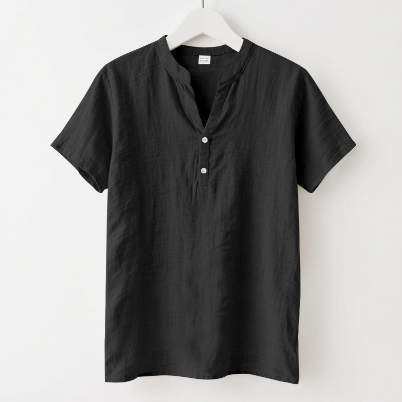 Camicia da uomo in lino con maniche corte e bottoni a metà lunghezza, tinta unita, motivo Buddha Stones - Nero - US/UK/AU46, EU56 (3XL) - image 0