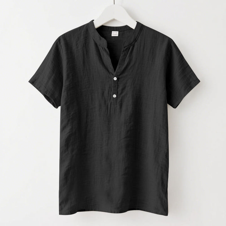 Camicia da uomo in lino con maniche corte e bottoni a metà lunghezza, tinta unita, motivo Buddha Stones - Nero - US/UK/AU46, EU56 (3XL) - image 1