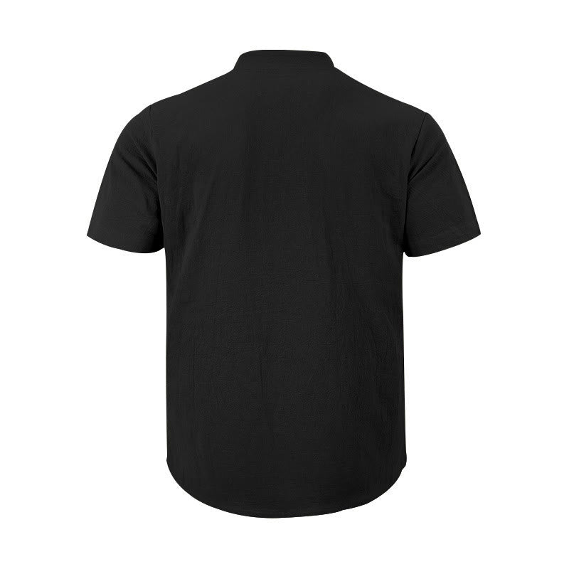 Camicia da uomo in lino con maniche corte e bottoni a metà lunghezza, tinta unita, motivo Buddha Stones - image 3