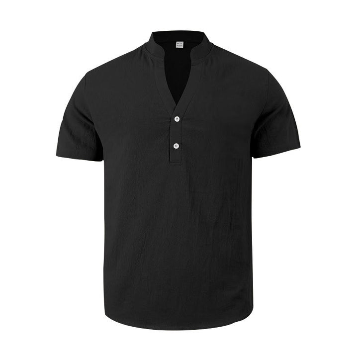 Camicia da uomo in lino con maniche corte e bottoni a metà lunghezza, tinta unita, motivo Buddha Stones - image 1