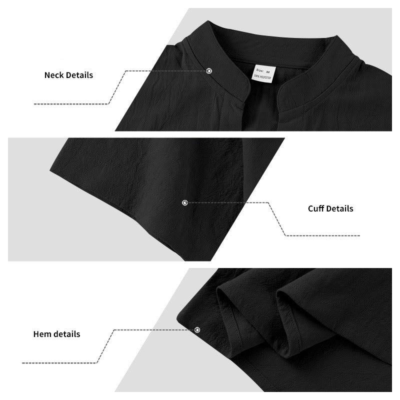 Camicia da uomo in lino con maniche corte e bottoni a metà lunghezza, tinta unita, motivo Buddha Stones - image 5